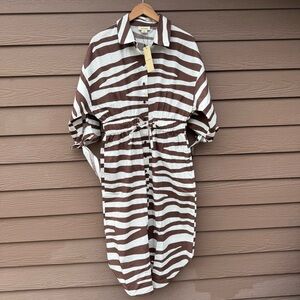Du Paradis Women’s Dress Size L Brown White Button Up Tie‎ Waist Animal Print